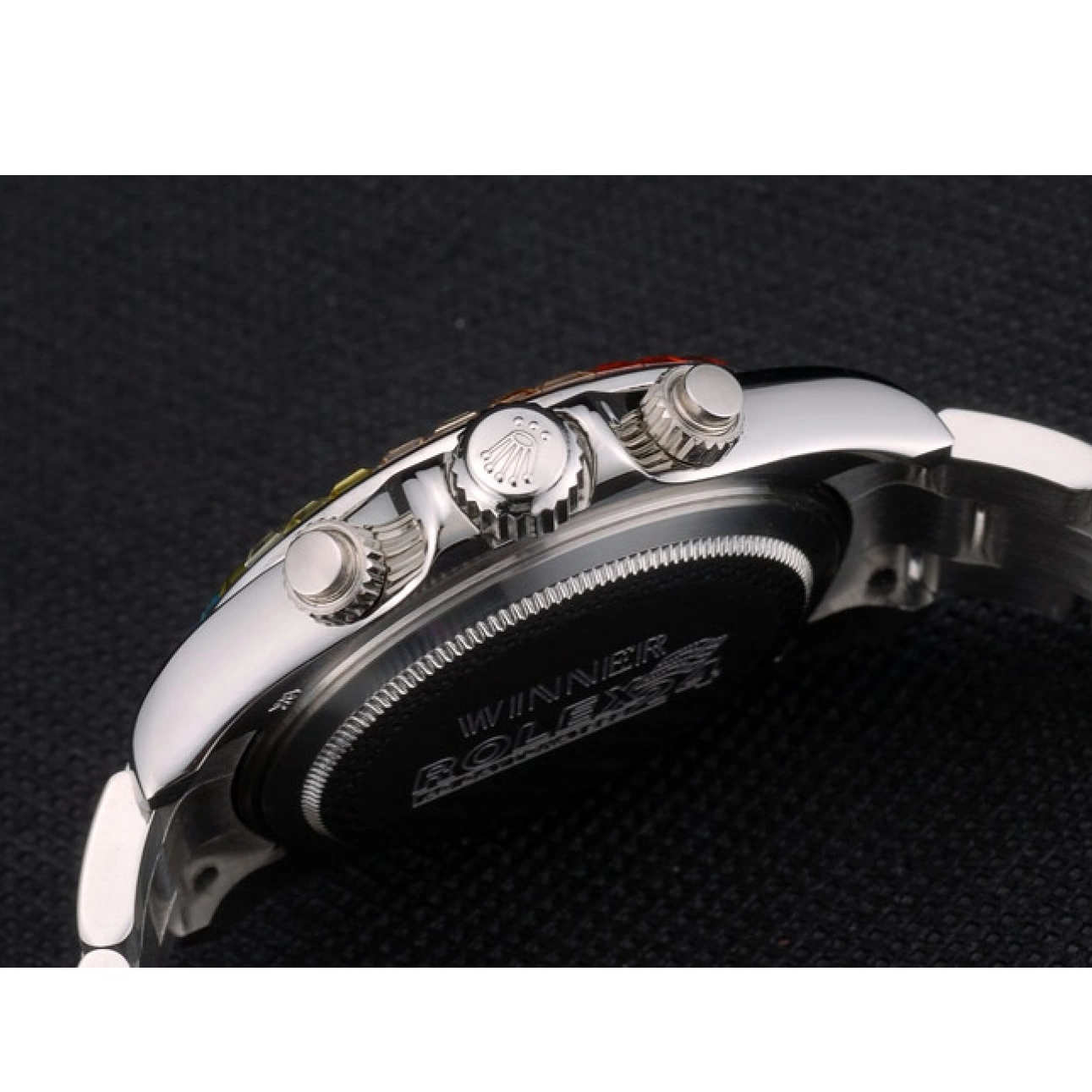AAA replica watch Daytona Steep Dial Rolex Strap Rainbow Cosmograph 80250 Bezel Crystals Black Stainless 0604